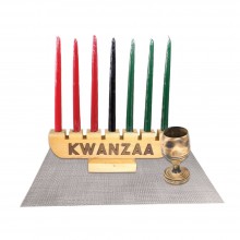 Traditional Kwanzaa Set - Kinara, Woven Raffia Mat, Wooden Unity Cup, Matching Candles - Red, Black, Green