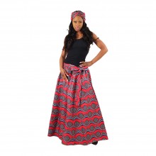 African Print Long Skirt - Red and Blue, Cotton and Polyester Blend